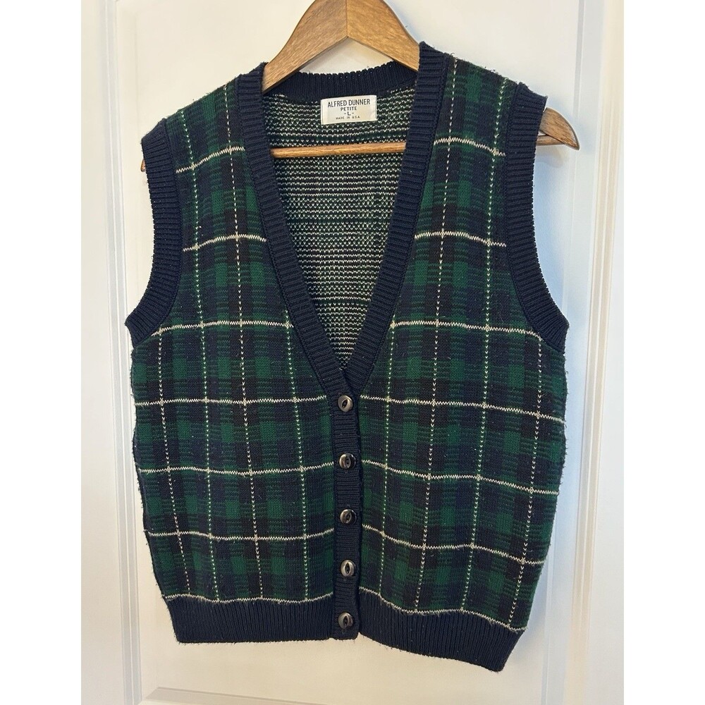 Vintage Plaid Knit Sweater Vest Women Large Green Navy Button Front Academia - Picture 2 of 10